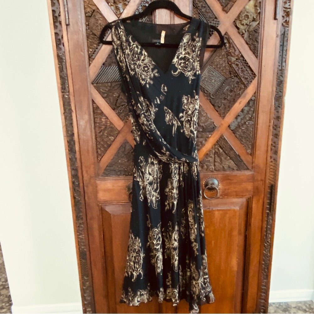 Lapis Silk Floral Black & Gold Sleeveless Faux Wrap Midi Dress, Size M